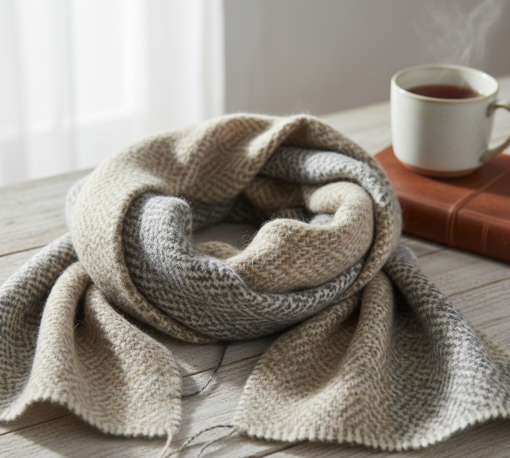 Merino wool scarf in neutral tones with subtle pattern